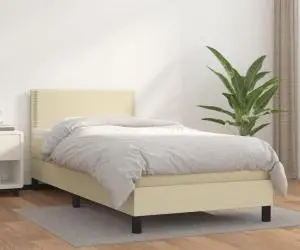 vidaXL Pat box spring cu saltea, crem, 100x200 cm, piele ecologică