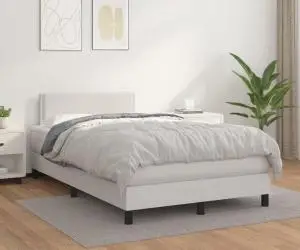 vidaXL Pat box spring cu saltea, alb, 120x200 cm, piele ecologică