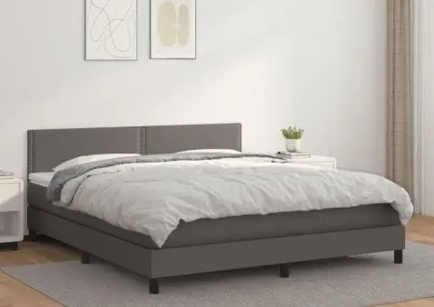 Pat box spring cu saltea, gri, 160x200 cm, piele ecologică - 1/5