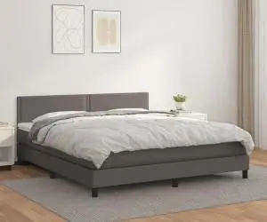 vidaXL Pat box spring cu saltea, gri, 160x200 cm, piele ecologică