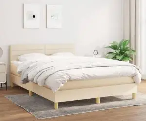 vidaXL Pat continental cu saltea, crem, 140x200 cm, material textil