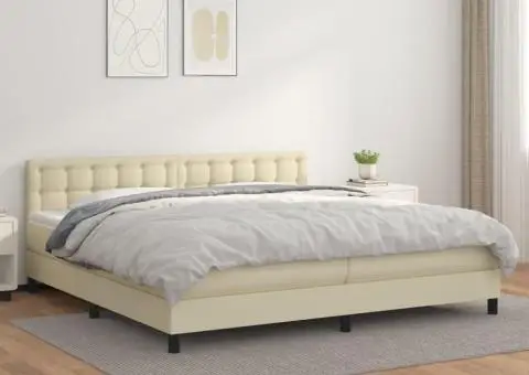 Pat continental cu saltea, crem, 200x200 cm, piele ecologică - 1/5