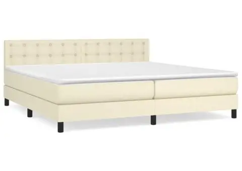 Pat continental cu saltea, crem, 200x200 cm, piele ecologică - 2/5