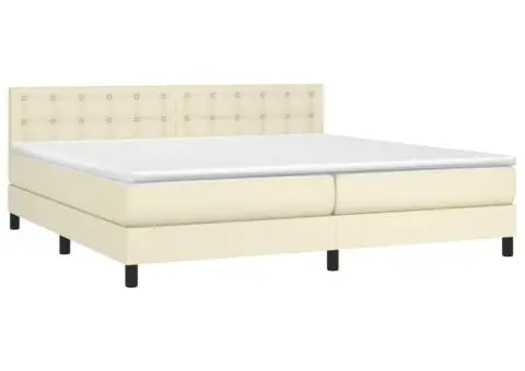 Pat continental cu saltea, crem, 200x200 cm, piele ecologică - 3/5