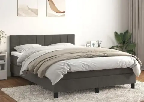 Pat box spring cu saltea, gri închis, 140x200 cm, catifea - 1/5
