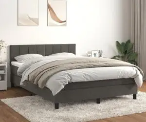 vidaXL Pat box spring cu saltea, gri închis, 140x200 cm, catifea