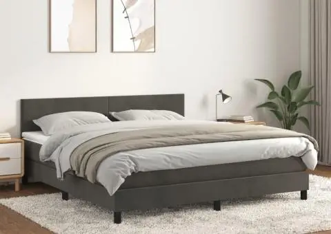 Pat box spring cu saltea, gri închis, 180x200 cm, catifea - 1/5