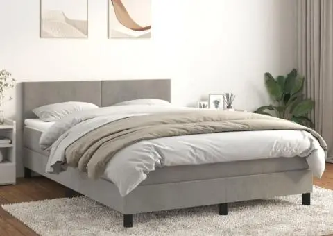 Pat box spring cu saltea, gri deschis, 140x190 cm, catifea - 1/5
