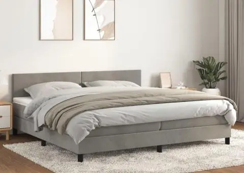 Pat box spring cu saltea, gri deschis, 200x200 cm, catifea - 1/5