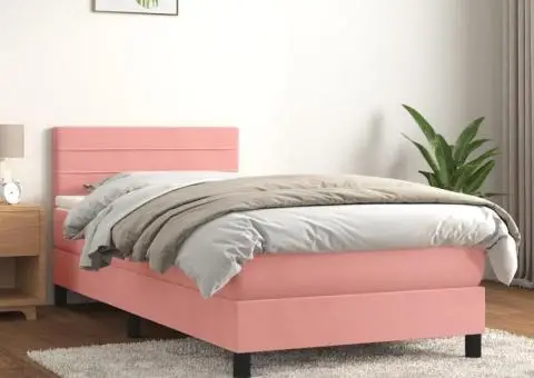 Pat box spring cu saltea, roz, 100x200 cm, catifea - 1/5