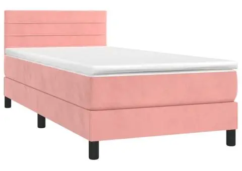 Pat box spring cu saltea, roz, 100x200 cm, catifea - 3/5