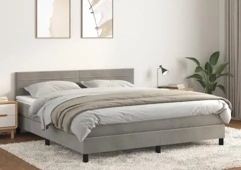 Pat box spring cu saltea, gri deschis, 160x200 cm, catifea - 1/5