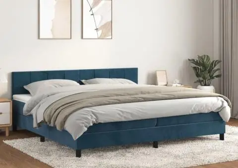 Pat box spring cu saltea, albastru închis, 200x200 cm, catifea - 1/5