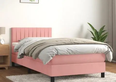 Pat box spring cu saltea, roz, 90x190 cm, catifea - 1/5