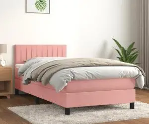 vidaXL Pat box spring cu saltea, roz, 90x190 cm, catifea