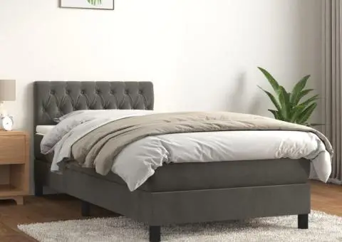 Pat box spring cu saltea, gri închis, 90x190 cm, catifea - 1/5