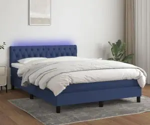 vidaXL Pat cu arcuri, saltea și LED, albastru, 140x190 cm, textil