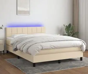 vidaXL Pat cu arcuri, saltea și LED, crem, 140x190 cm, textil