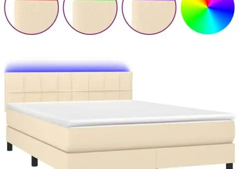 Pat cu arcuri, saltea și LED, crem, 140x190 cm, textil - 2/5