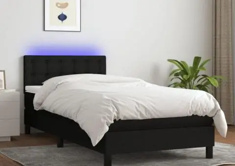 Pat cu arcuri, saltea și LED, negru, 90x190 cm, textil - 1/5