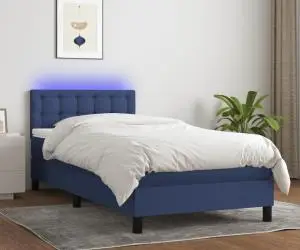 vidaXL Pat cu arcuri, saltea și LED, albastru, 90x200 cm, textil