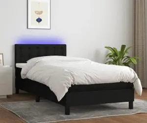 vidaXL Pat cu arcuri, saltea și LED, negru, 90x200 cm, textil