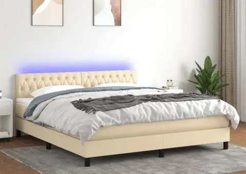 Pat cu arcuri, saltea și LED, crem, 180x200 cm, textil - 1/5