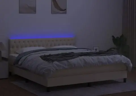 Pat cu arcuri, saltea și LED, crem, 180x200 cm, textil - 4/5