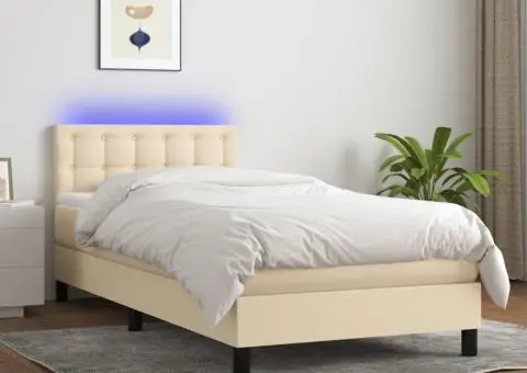 Pat cu arcuri, saltea și LED, crem, 100x200 cm, textil - 1/5