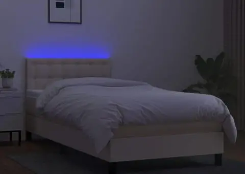 Pat cu arcuri, saltea și LED, crem, 100x200 cm, textil - 4/5