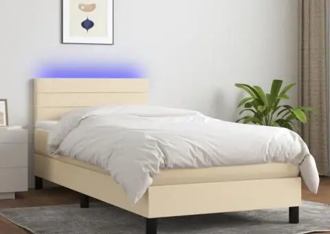 Pat cu arcuri, saltea și LED, crem, 80x200 cm, textil - 1/5