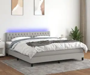 vidaXL Pat cu arcuri, saltea și LED, gri deschis, 160x200 cm, textil