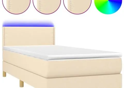 Pat cu arcuri, saltea și LED, crem, 90x200 cm, textil - 2/5