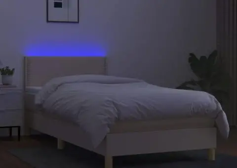 Pat cu arcuri, saltea și LED, crem, 90x200 cm, textil - 4/5