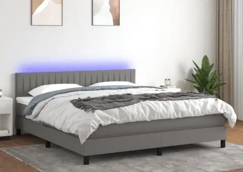 Pat cu arcuri, saltea și LED, gri închis, 180x200 cm, textil - 1/5