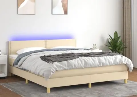 Pat cu arcuri, saltea și LED, crem, 160x200 cm, textil - 1/5