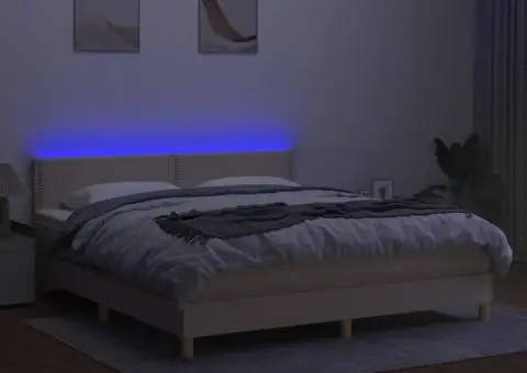 Pat cu arcuri, saltea și LED, crem, 160x200 cm, textil - 3/5