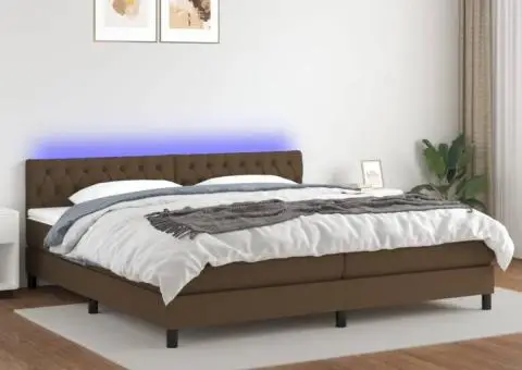 Pat cu arcuri, saltea și LED, maro închis, 200x200 cm, textil - 1/5