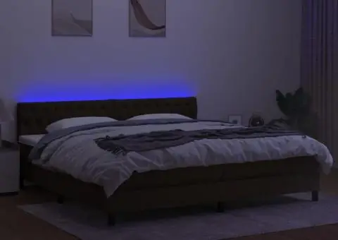 Pat cu arcuri, saltea și LED, maro închis, 200x200 cm, textil - 4/5