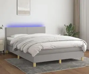 vidaXL Pat cu arcuri, saltea și LED, gri deschis, 140x190 cm, textil