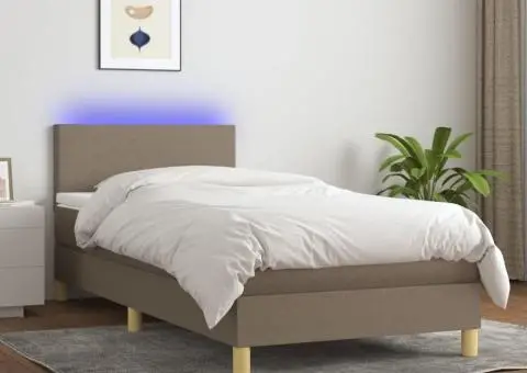 Pat cu arcuri, saltea și LED, gri taupe, 90x190 cm, textil - 1/5