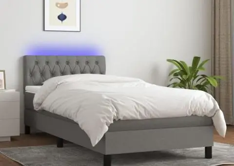 Pat cu arcuri, saltea și LED, gri închis, 100x200 cm, textil - 1/5