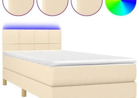 Pat cu arcuri, saltea și LED, crem, 90x200 cm, textil - 2/5