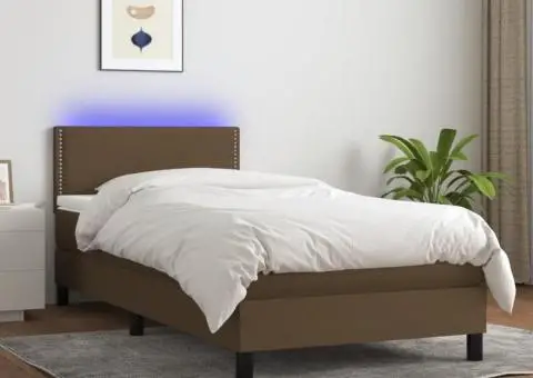 Pat cu arcuri, saltea și LED, maro închis, 80x200 cm, textil - 1/5