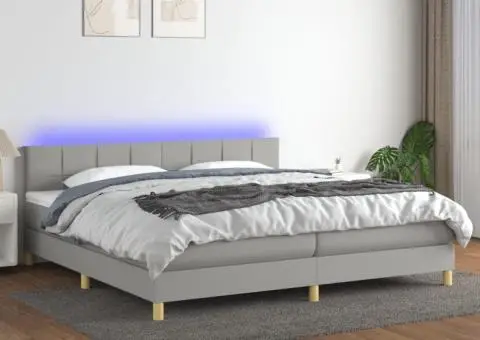 Pat cu arcuri, saltea și LED, gri deschis, 200x200 cm, textil - 1/5