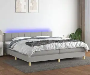 vidaXL Pat cu arcuri, saltea și LED, gri deschis, 200x200 cm, textil