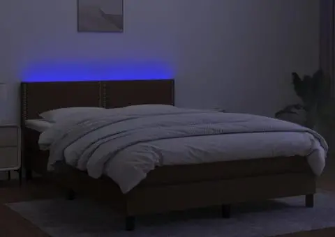 Pat cu arcuri, saltea și LED, maro închis, 140x190 cm, textil - 4/5