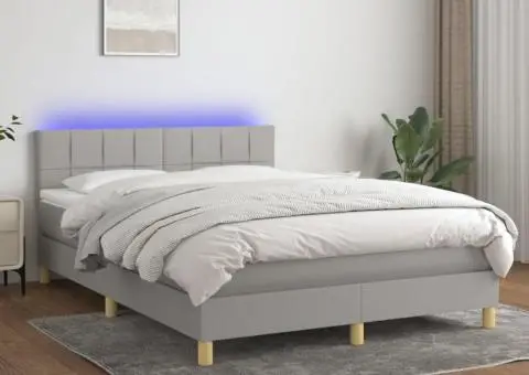 Pat cu arcuri, saltea și LED, gri deschis, 140x200 cm, textil - 1/5