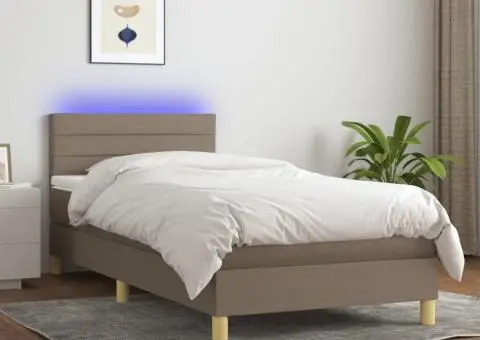 Pat cu arcuri, saltea și LED, gri taupe, 90x200 cm, textil - 1/5