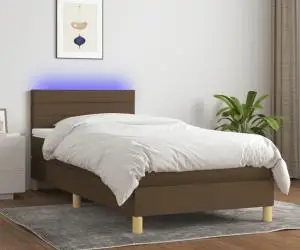 vidaXL Pat cu arcuri, saltea și LED, maro închis, 90x190 cm, textil